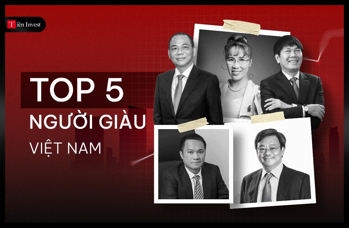 Top người giàu nhất Việt Nam hiện nay, gồm Phạm Nhật Vượng, Nguyễn Thị Phương Thảo, Trần Đình Long, Hồ Hùng Anh và Nguyễn Đăng Quang