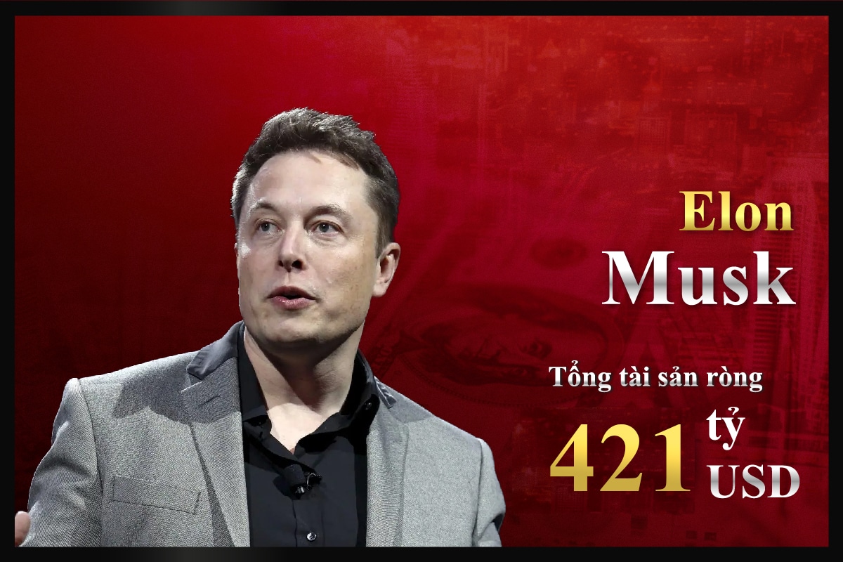 Top người giàu nhất thế giới hiện nay là Elon Musk có tổng tài sản ròng 421 tỷ USD